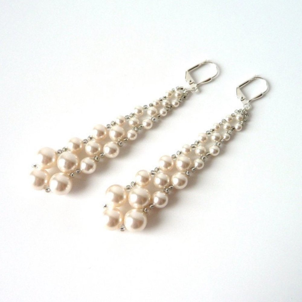 Pearl Earrings, Long Dangle Earrings, Beaded Woven Jewelry Earrings,